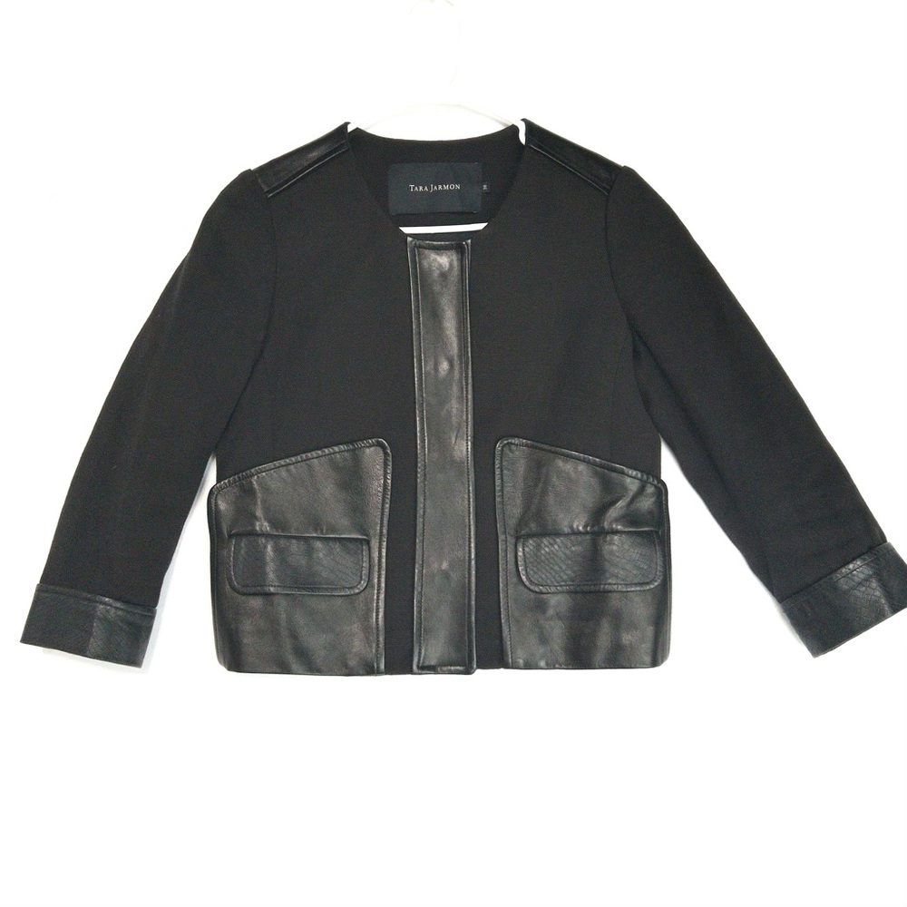 TARA JARMON Wool Leather Cropped Jacket Mixed Media Snap Blazer Womens 6 38 M